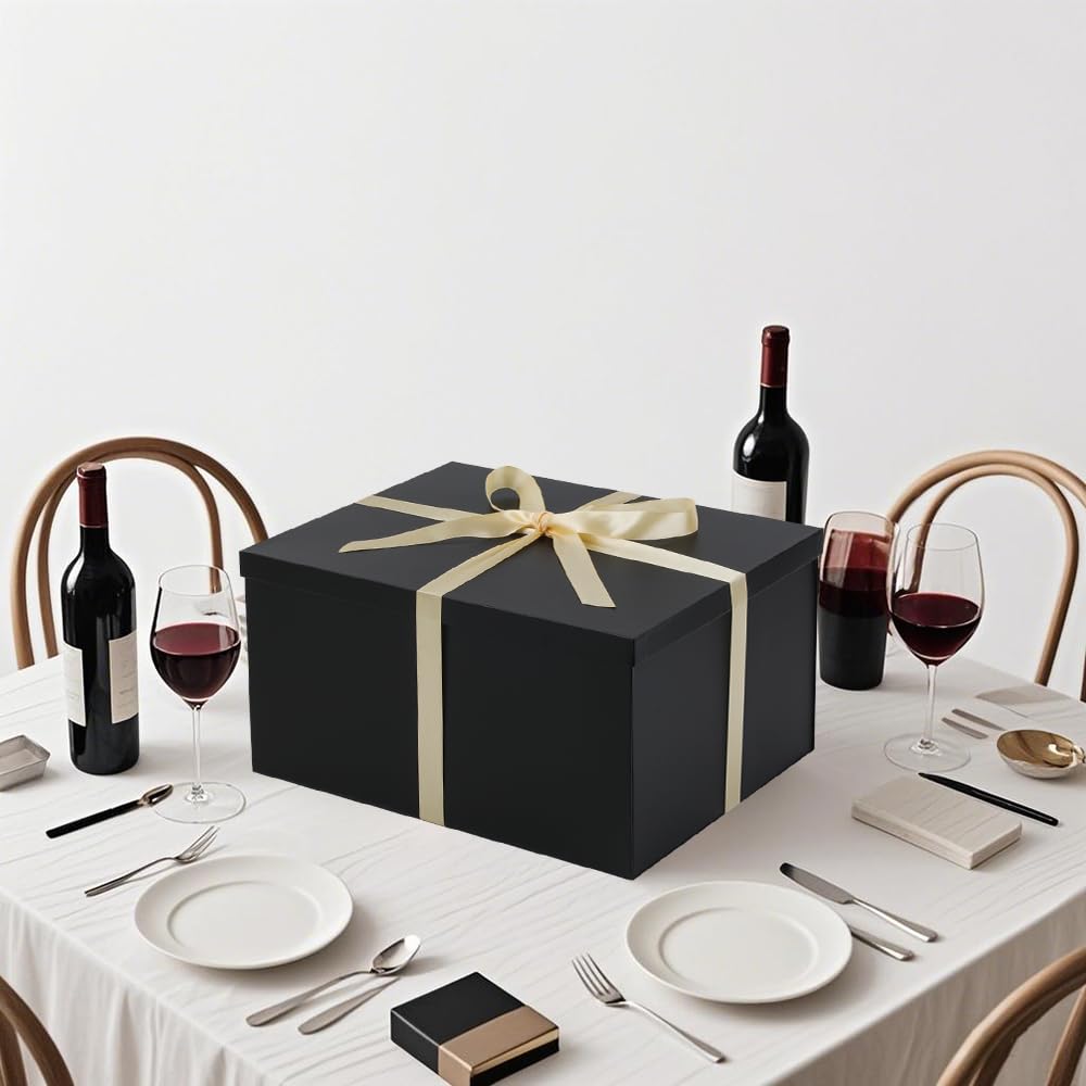 UoeRing 1Pcs Black Extra Large gift box with lids 16.5×13×8 Inches gift boxes for presents,Birthday Box (include Ribbon, Paper Shred Filler Gift Card & Envelopes)