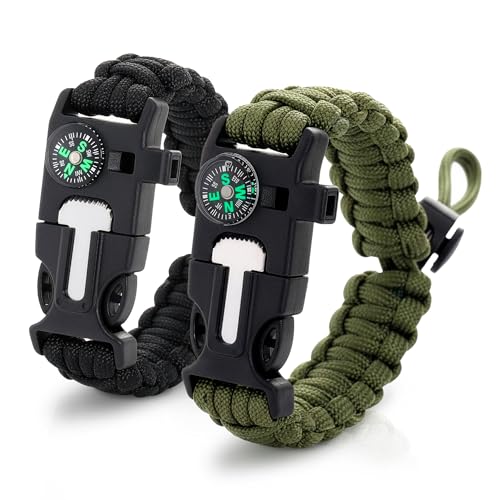 2Pack Survival Paracord Bracelet – 5-in-1 Adjustable Tactical Bracelet for Men with 10 ft Paracord, Flint Fire Starter, Co...