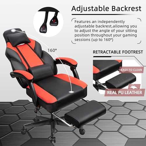 Shintenchi Gaming Chair, Office Chair with Footrest and Lumbar Support, Height Adjustable Game Chair with 360°-Swivel Seat and Headrest and for Office or Gaming (Deep Red)