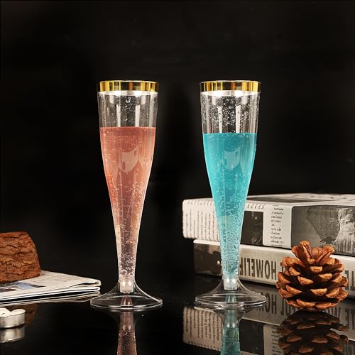 Zcaukya 100 Plastic Champagne Flutes, 4.5oz Clear Disposable Hard Stemware Cups with Golden Rim, Plastic Champagne Glasses...
