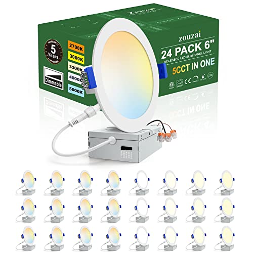 zouzai 24 Pack 6 Inch Ultra-Thin LED Recessed Ceiling Light with Junction Box 5CCT Adjustable Dimmable Can-Killer Downligh...