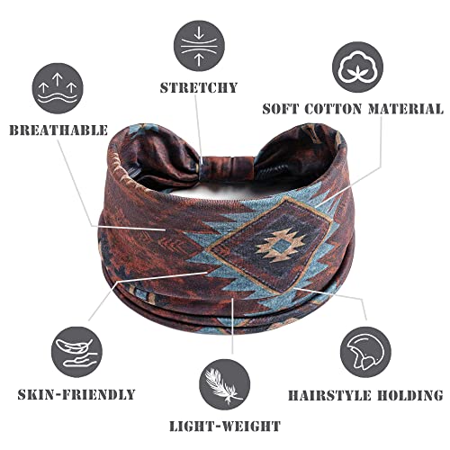 FULZTEY Boho Headbands for Women Vintage Elastic Fabric Printed Hair Bands Workout Wide Knot Sweatbands Soft Cotton Headwr...