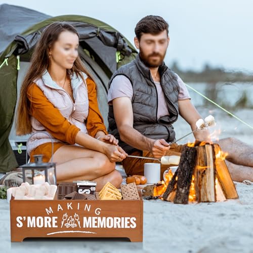 Smores Kit, S'Mores Station with 5 Extendable Marshmallow Roasting Sticks, Farmhouse Smores Caddy with Handles, Wood Smore...