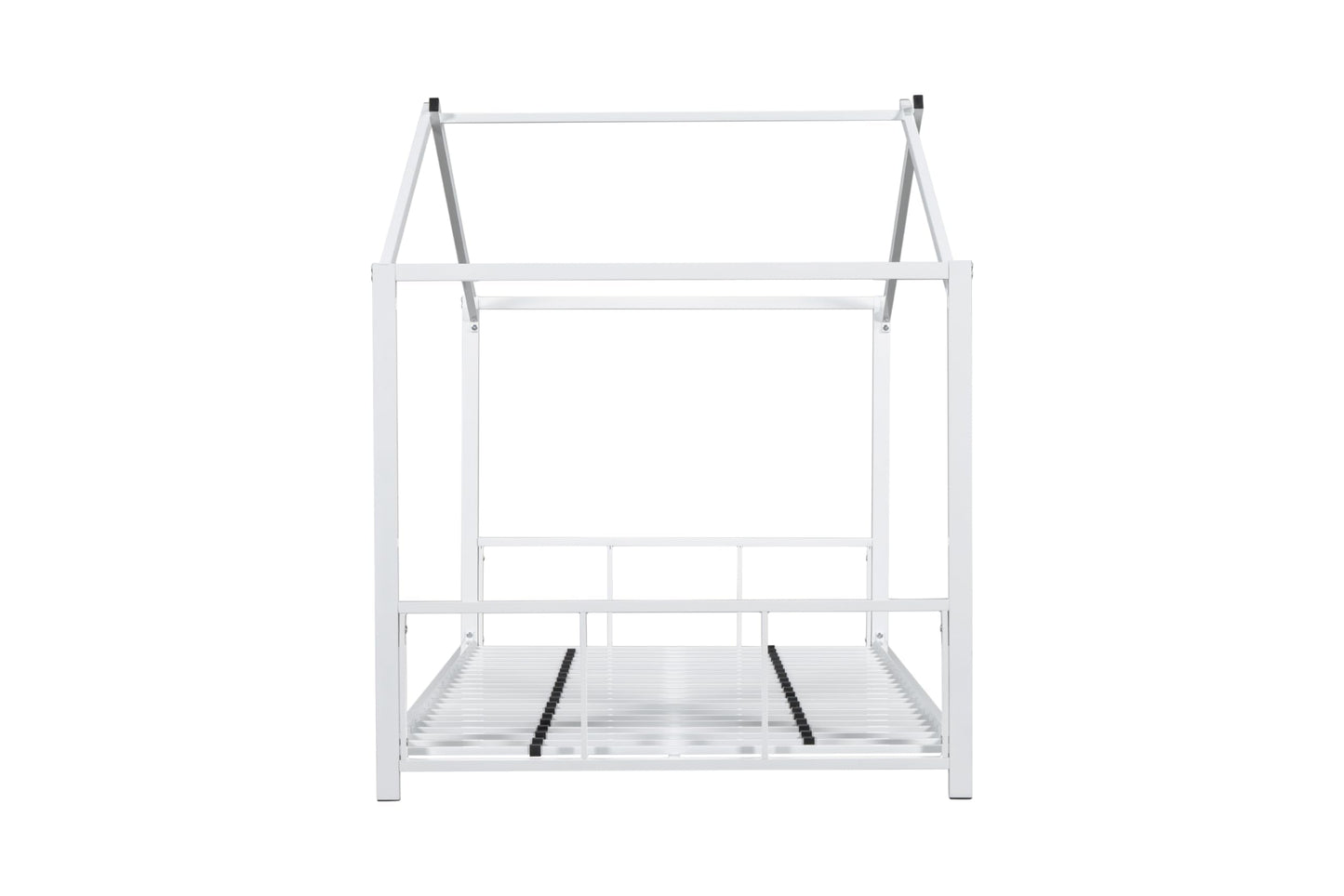 LINKHOO Twin Size Montessori Floor Bed with Roof, Metal House Bed with Soundproofing Slat Locking and Footboard for Boys and Girls, Easy to Assemble, No Box Spring Needed, White