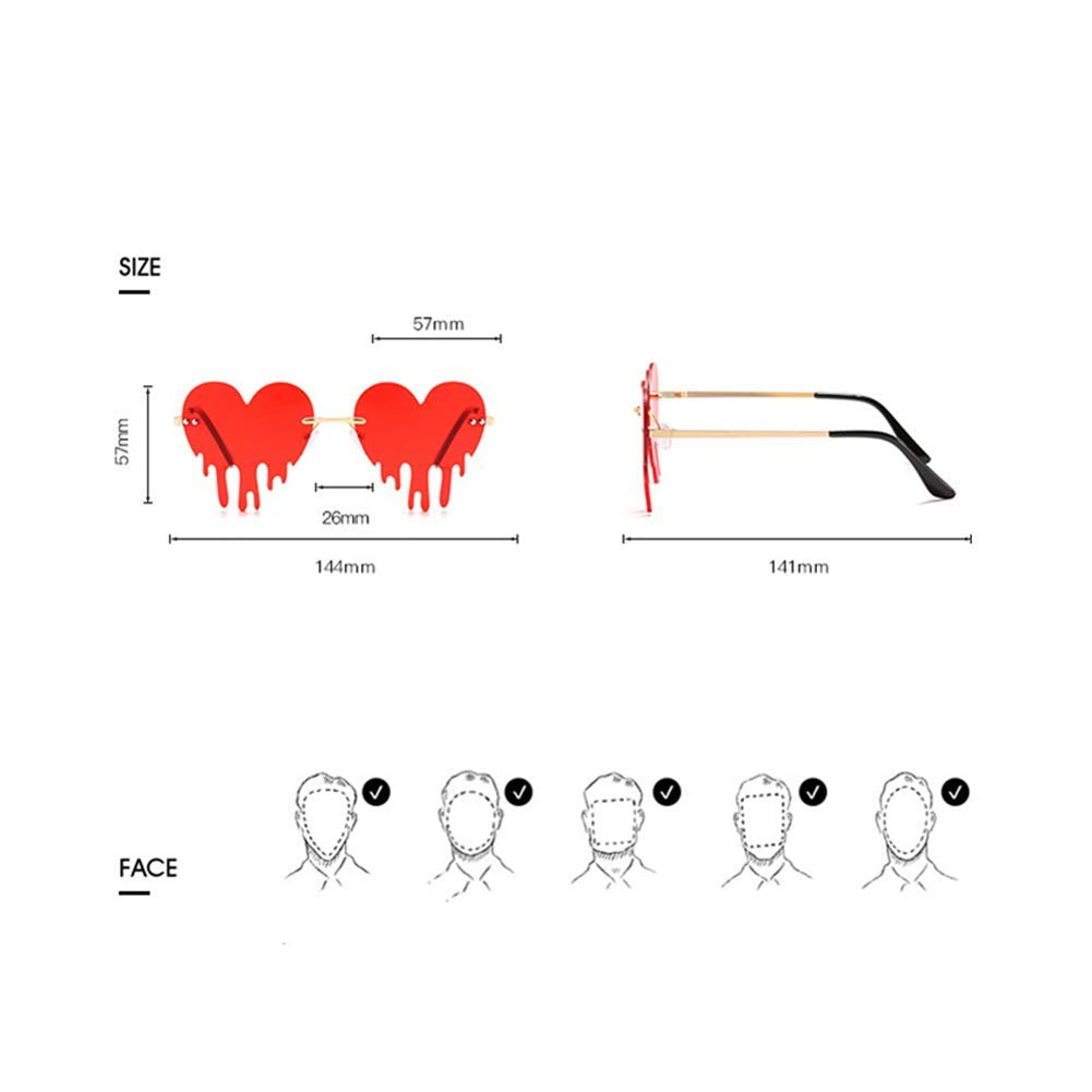 Melting Heart Sunglasses for Men/Women Rimless Irregular Party Unique Sun Glasses Metal Prom Halloween Colorful Eye Glasses (Deep purple)