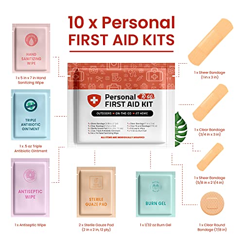 Personal First Aid Kit- 10 Pack | Clean, Treat, Protect Minor Cuts, Scrapes and Burns | Perfect for Home, Office, Car, Sch...