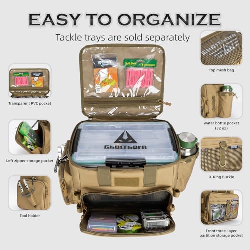Ghosthorn Fishing Tackle Bag with Rod Holder Saltwater & Freshwater Resistant Large Tackle Box Bag - Adjustable Padded Sho...