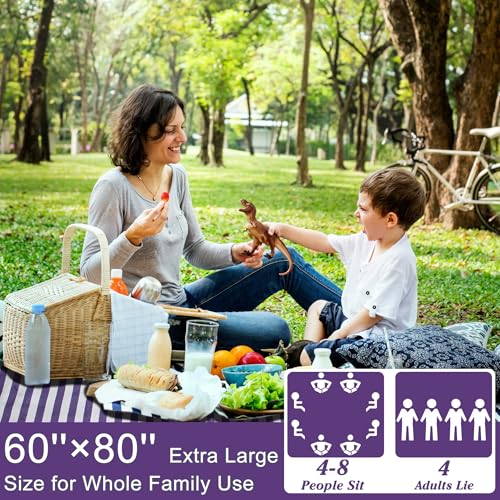 ALLBFENG 60”x 80” Picnic Blanket Waterproof and Foldable Beach Blanket, 5-Layer Outdoor Mat with Carry Strap for 6 to 8 Ad...