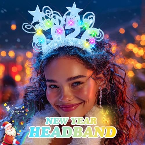 EARENT 2026 Happy New Year Silver Light Up Headband LED Star Hair Hand Flashing New Years Eve Celebration Hair Accessorie