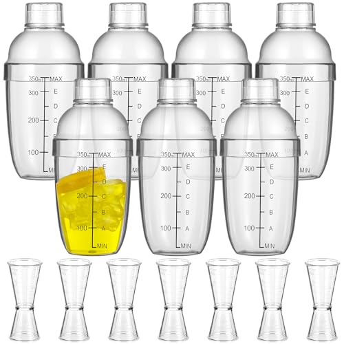7 Pcs Plastic Cocktail Shaker Set Drink Mixer with Mark Clear Drink Cocktail Shaker and Measuring Jigger Set Ounce Cup Cle...