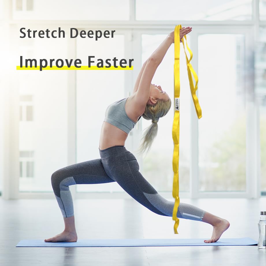Stretching Strap Yoga Strap with Loops, Stretch Straps for Physical Therapy, Non-Elastic Exercise Strap for Pilates, Dance and Gymnastics with Workout Guide (Yellow)