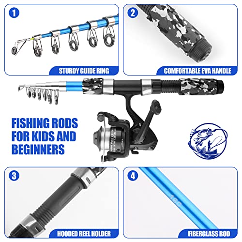 Fishing Rod Reel Combos Collapsible Fishing Rod Kit, 2PCS Telescopic Fishing Pole+2PCS Spinning Reels+Lures Hooks+Tackle B...