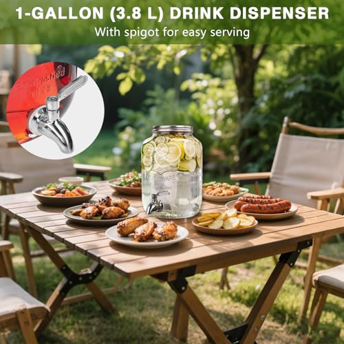 Glass Drink Dispenser 3.8L,Water Dispenser with Tap, Drink Dispenser for Party & Outdoor Use, Jug for Water, Juice,(BBQ, P...