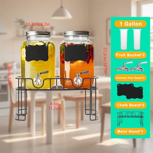 Galssmagic 1 Gallon Glass Drink Dispenser with Stand,2 Pack Glass Beverage Dispenser with Stainless Steel Spigot,Water Lem...