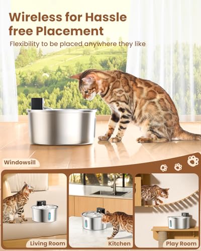 PawPoll Wireless Cat Water Fountain Stainless Steel - 3.2L/108oz Cordless Pet Water Fountain Battery Operated Cat Water Di...