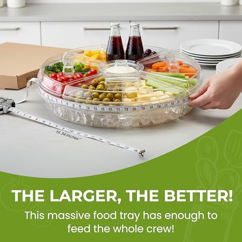 Chef's Star 16" Food Tray with Ice Compartment & Lid - 8 Section with Dip Holder Clear Acrylic Chilled Bowl for Lunch, Pic...
