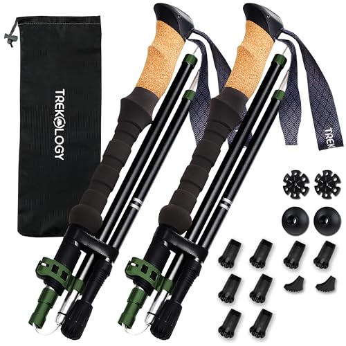 TREKOLOGY Trek-Z Cork Grip Trekking Poles Bundle with 6 Rubber Tip Replacements – Lightweight Folding Hiking Poles, Adjust...