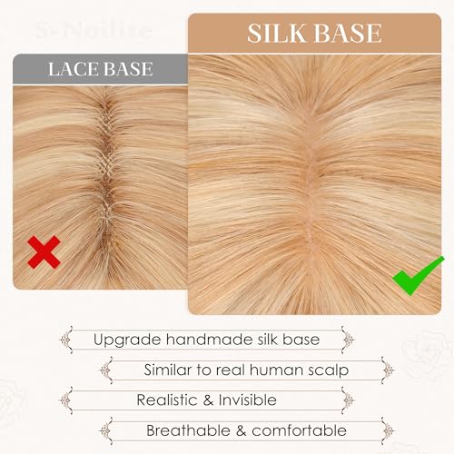 S-noilite Human Hair Toppers for Women with Bangs 100% Real Human Hairpiece 5"x3" Clip in Silk Base Topper Piece Cover Thinning Fine Hair 12 inch Camel Brown Highlighted Blonde