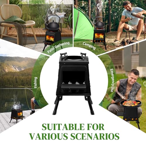 Wood Burning Stove, Portable Cast Iron Camping Wood Stove with Carrying Bag, Firewood Hook, Gloves Woodstove for Backpacki...