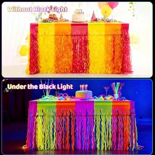 PIGETALE Glow in The Dark Party Supplies, 2 Pack Neon Fluorescent Wavy Metallic Tinsel Foil Fringe Table Skirts, 29.5x108 ...