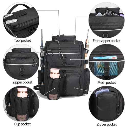 Fishing Tackle Backpack With Rod Holders, Large 40L Fishing Backpack for Camping, Hiking