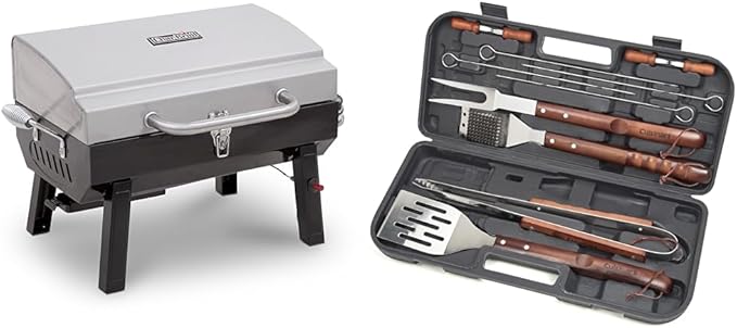 Char-Broil 200 Square Inch Stainless Steel Portable Propane Gas Grill and 13-Piece Cuisinart CGS-W13 Wooden Handle BBQ Too...