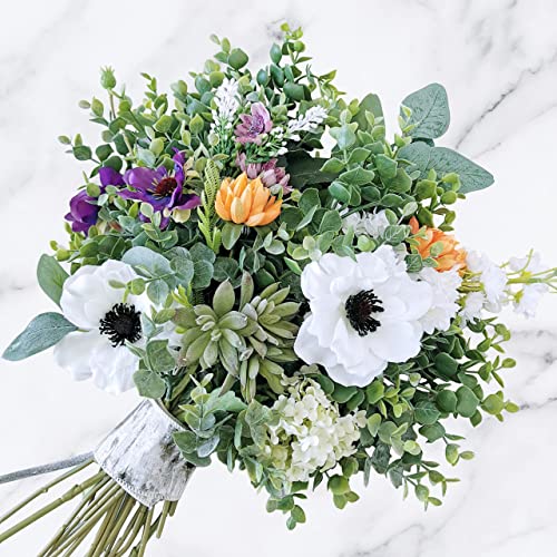 Winlyn 20 Pcs Mixed Artificial Oval Eucalyptus Leaves Bulk with White Seeds Stems and Spray for Vase Floral Wreath Bouquet...