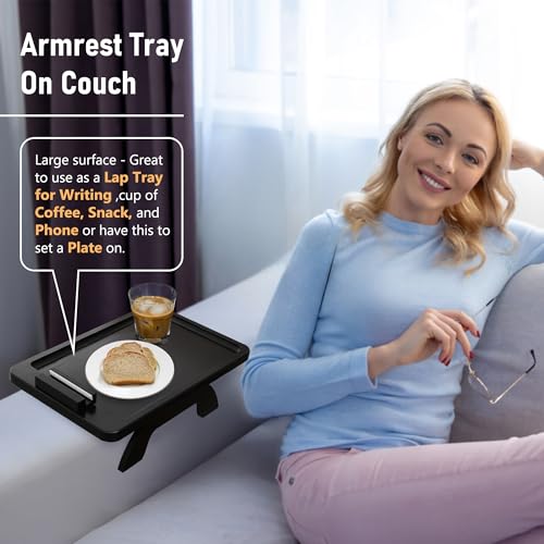 SINWANT Couch Armrest Table, Large Bamboo Couch Arm Table 360° Phone Holder,Foldable Sofa Arm Tray for Eating Drinking Sna...
