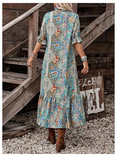 GORGLITTER Women's Paisley Print Boho Western Maxi Dress Ruffle 3/4 Sleeve Notch V Neck Vintage Ethnic Flowy Dresses
