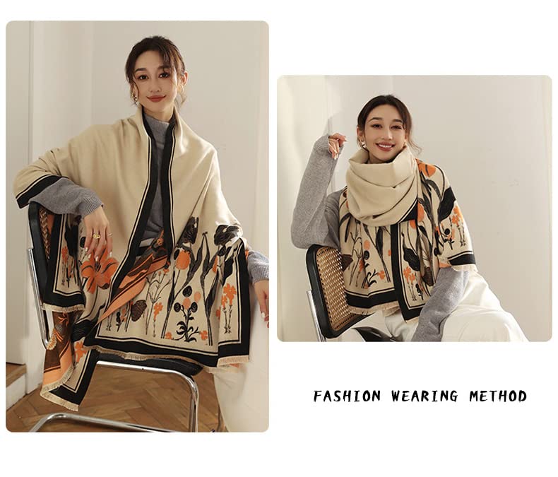 First Choose Women's Blanket Chunky,Pashmina Shawls Wraps Oversized Winter & Fall Warm Scarfs Soft Cashmere Feel for Girls and Women (Beige Black-Plant) (YS)
