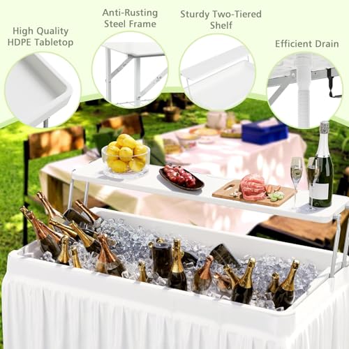 LHBcraft Outdoor Ice Cooler Folding Table with Extra Storage Shelf,Ice Tables for Parties with Drain,Cooler Server for Cam...