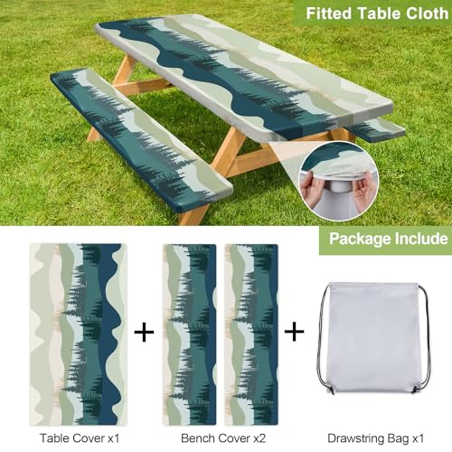 Picnic Table Cover with Bench Covers Camping Essentials Waterproof Windproof Camping Tablecloth with Drawstring Bag, Fitte...