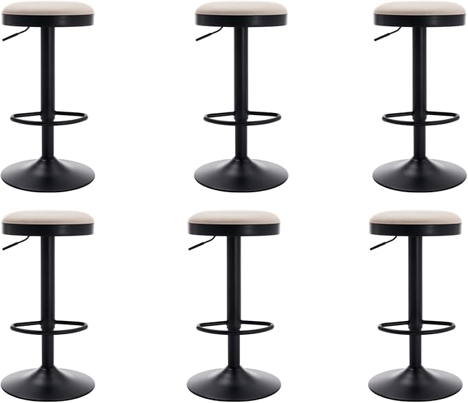 EALSON Modern Swivel Bar Stools Set of 6 Adjustable Counter Height Backless Barstools with Metal Base Leather Upholstered Round Bar Stool Chairs for Kitchen Island/Pub/Breakfast Bar, Beige