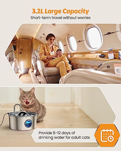 AONBOY Cat Water Fountain Stainless Steel, 108oz/3.2L Cat Fountain, Pet Water Fountain with Water Level Window, Hemispheri...