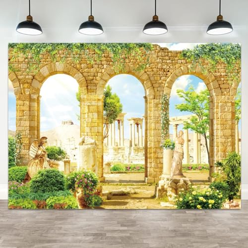 ASDCXZ 7x5ft Romantic Greece Palace Garden Backdrop Ancient Stone Arch Photography Background Green Leave Vines Statues An...