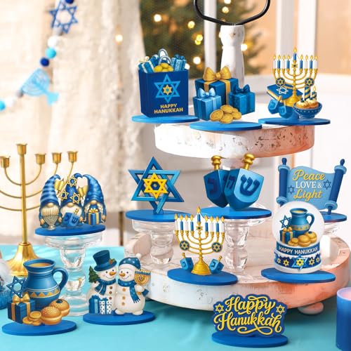 Realspring 12 Pcs Hanukkah Table Centerpieces Decor Chanukah Menorah Wooden Signs Star of David Table Topper Decor Hanukka...