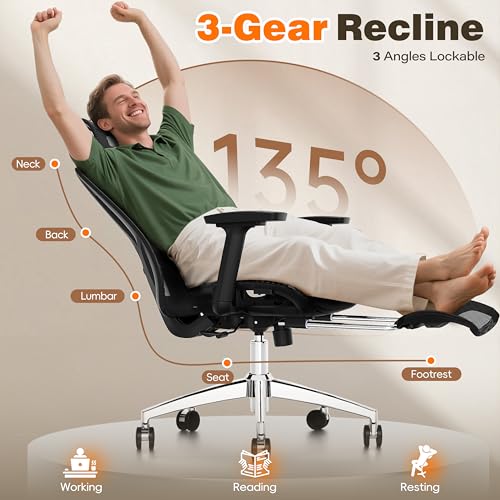 GABRYLLY Ergonomic Office Chair with Footrest, 135° Reclining Desk Chair with Adjustable Lumbar Support,3D Armrest,Headres...