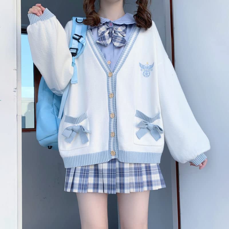 Preppy Aesthetic Clothes for Teen Girls Cute Cardigan Kawaii Cardigan JK Uniform Knit Sweater Cute School Cosplay Sweater (M,A Blue)