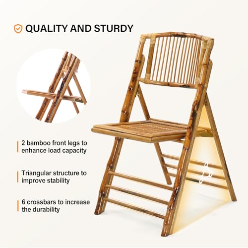 VINGLI Bamboo Folding Chair, Foldable Dining Wood Chairs Comfortable Seat for Outdoor & Indoor, Patio, Porch, Wedding, Par...