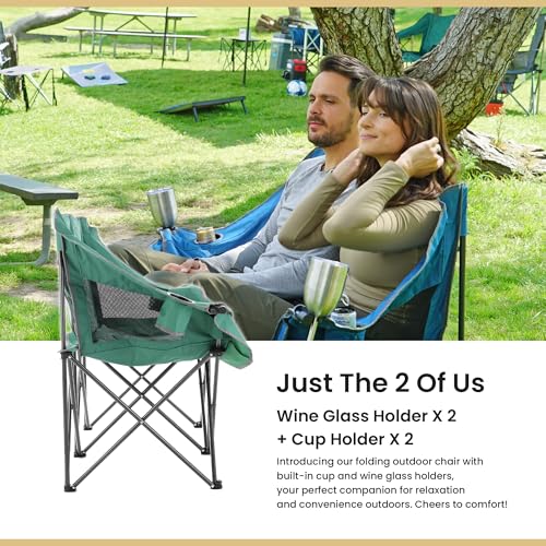 ARROWHEAD OUTDOOR Portable Folding Double Duo Camping Chair Loveseat w/ 2 Cup & Wine Glass Holder, Carrying Bag, Supports ...