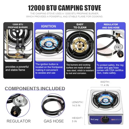 Dr.Camp 12000 BTU Single Auto Ignition Camping Garden Outdoor Camp Garden Hiking Fishing Propane Stove Cooker Griddle, Inc...