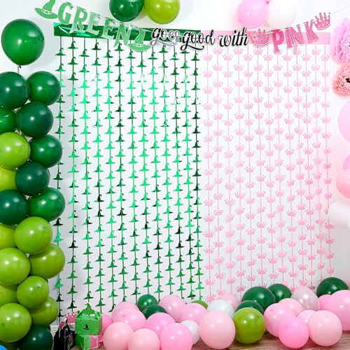 2 Pack Witch Party Decorations Banner Foil Fringe Curtains Princess Crown Photo Booth Prop Supplies Pink and Green Backdro...