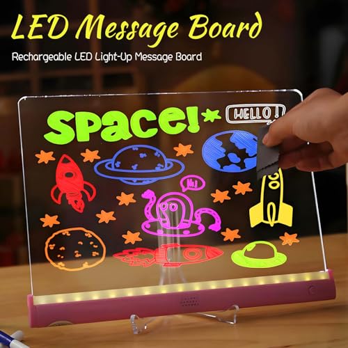 Acrylic Dry Erase Board with Light, LED Note Board with Colors, Magic Sketch LED Board with Stand, Reusable Dry Erase Mess...