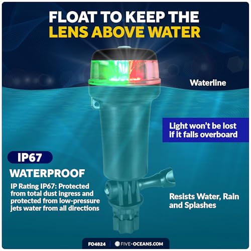 Five Oceans LED Portable Bi-Color Boat Navigation Light, Rail Mount Swivel Base, 2 NM Visibility, IP67 Waterproof, Batter...