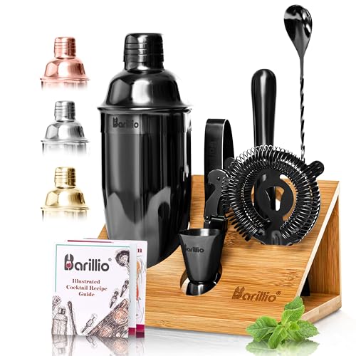Barillio Black Bartender Kit - Stainless-Steel Cocktail Shaker Set w/Bamboo Stand - Mixology Bar Tools w/Shaker, Drink Mix...