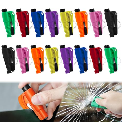 JINRUITOP 16Pcs Car Window Breaker Key Chains, Portable 3 in 1 Glass Breaker/Seat Belt Cutter/Survival Whistle, Safety Eme...