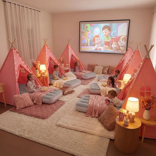 Wilwolfer Pink Sleepover Teepee Tent for Kids-2 Pack Tipi Playhouse for Kids with Lights& Flag& Inflatable Airbed -Indoor/...