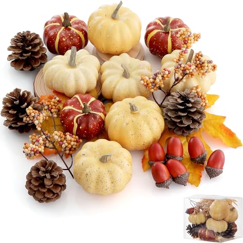 Artgar Pumpkin Decor Set, 23 PCS Fall Harvest Decorations Including Mini Pumpkins, Acorns, Pinecones, Berries, Maple Leave...