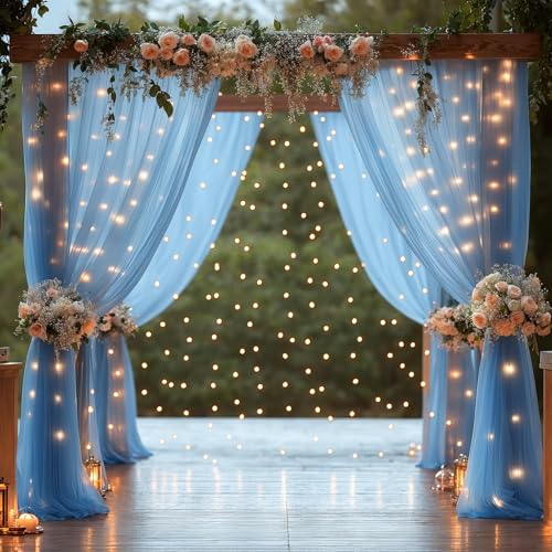 10x10FT Blue Wrinkle Free Backdrop Curtains with Lights String for Parties - Photo Curtain Backdrop with Lights for Weddin...