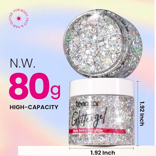Teenitor Body Glitter, Body Glitter Gel, Hair Glitter, Face Glitter, Holographic Chunky Makeup Silver Glitter Gel for Fac...